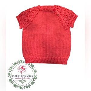 Hand Knit Toddlers Pullover w/Lace Pattern Sleeves, Hot Coral Pink, NEW Size 4-5